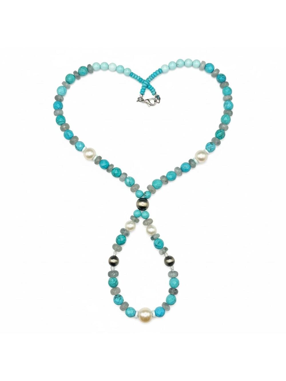 Handmade 20"-22"Kingman Turquoise, Aquamarine & Freshwater Pearl Jacla Necklace